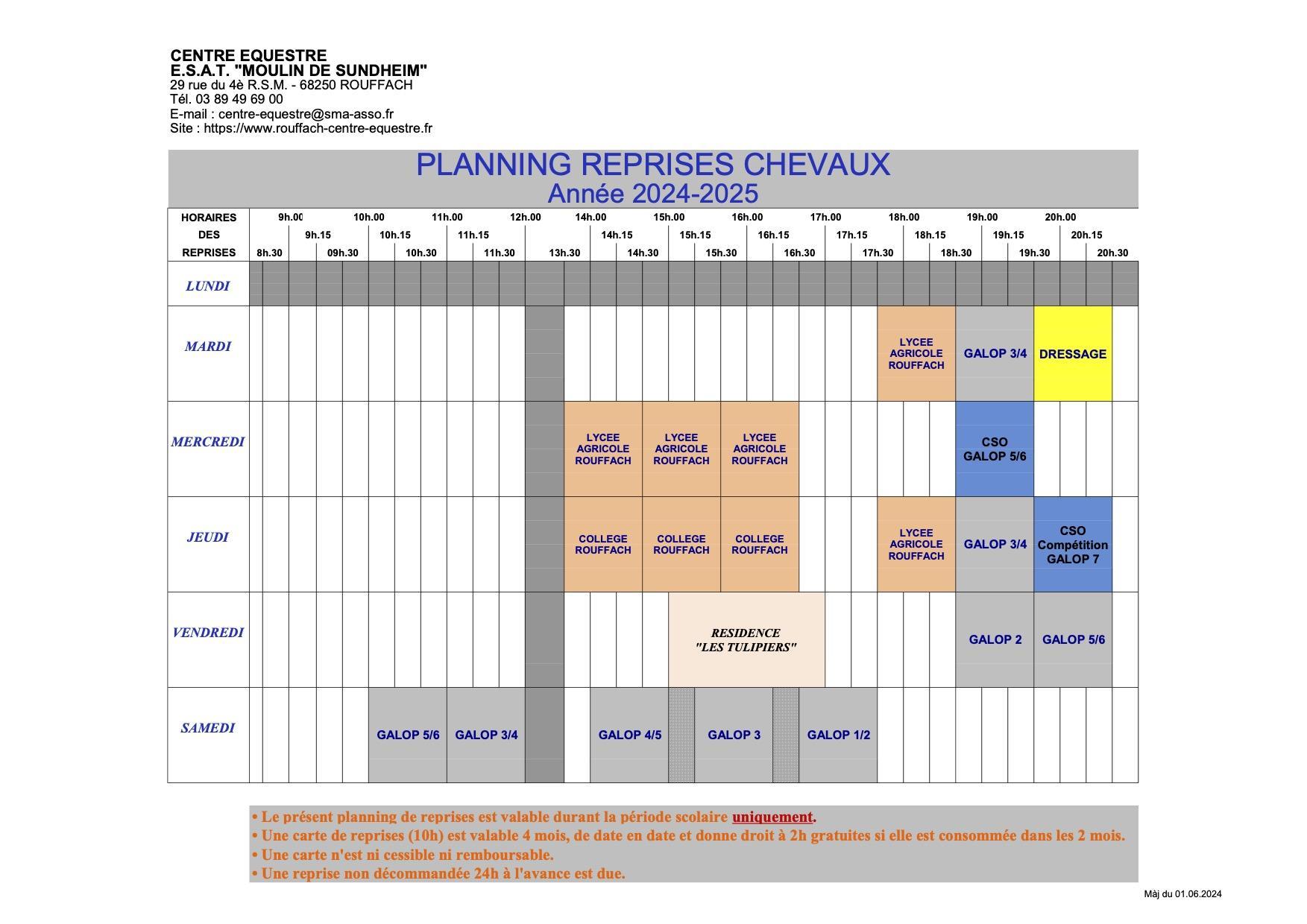 Planning chevaux 2024 2025